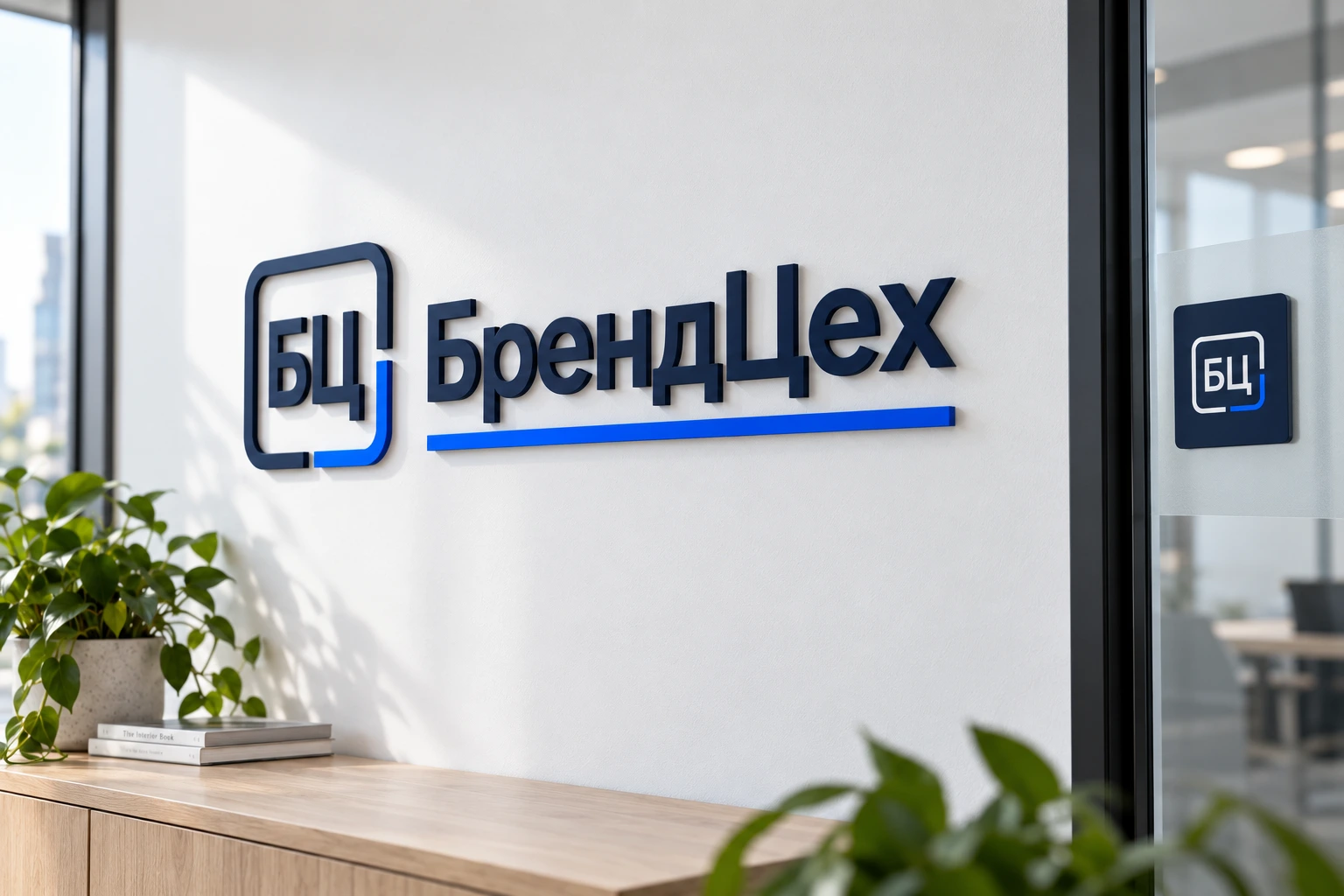 Светлый офис со стеклянной перегородкой и фирменными элементами
